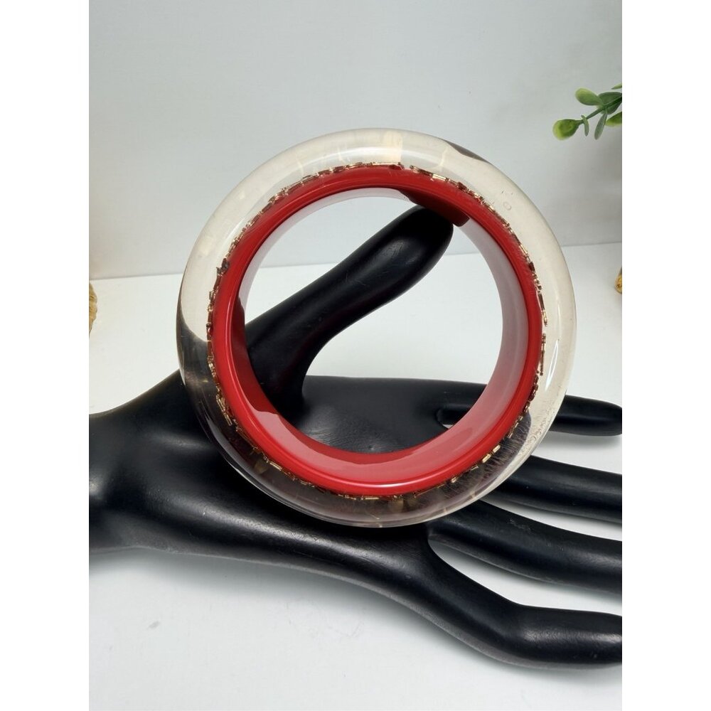Louis Vuitton Red Lucite Chunky Monogram Bangle Bracelet Statement Sz 8" - Picture 5 of 13